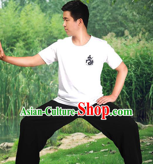 Traditional Chinese Top Cotton Kung Fu Costume Martial Arts Kung Fu Training Short Sleeve T-Shirt, Tang Suit Gongfu Shaolin Wushu Clothing, Tai Chi Taiji Teacher T-shirts for Men