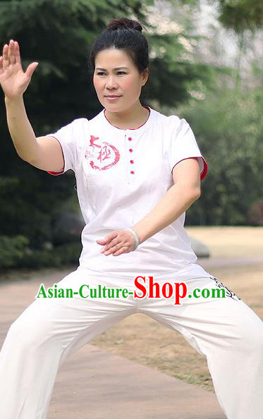 Traditional Chinese Top Cotton Kung Fu Costume Martial Arts Kung Fu Training Short Sleeve Red Print T-Shirt, Tang Suit Gongfu Shaolin Wushu Clothing, Tai Chi Taiji Teacher T-shirts for Women