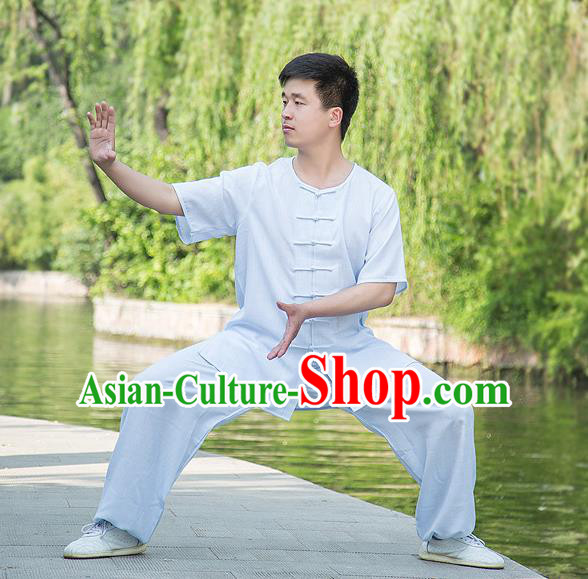 Traditional Chinese Top Linen Kung Fu Costume Martial Arts Kung Fu Training Plated Buttons Short Sleeve White Uniform, Tang Suit Gongfu Shaolin Wushu Clothing, Tai Chi Taiji Teacher Suits Uniforms for Men