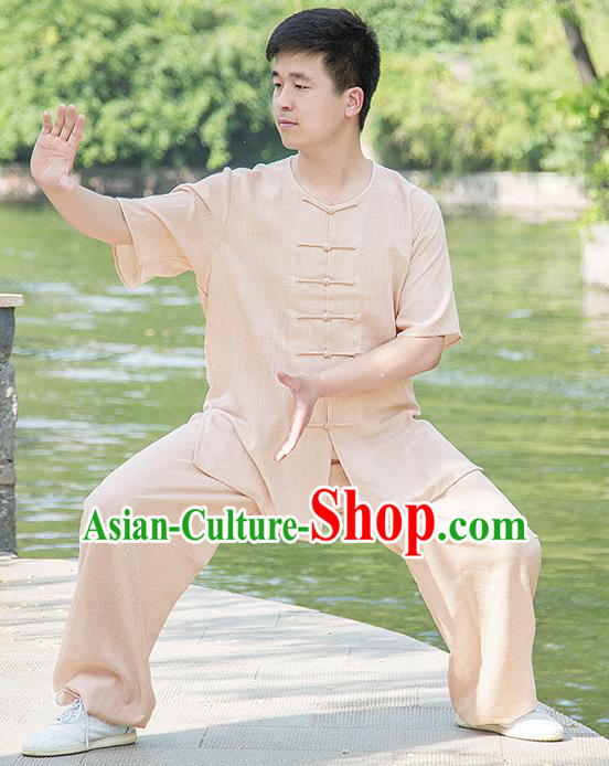 Traditional Chinese Top Linen Kung Fu Costume Martial Arts Kung Fu Training Plated Buttons Short Sleeve Wheat Uniform, Tang Suit Gongfu Shaolin Wushu Clothing, Tai Chi Taiji Teacher Suits Uniforms for Men