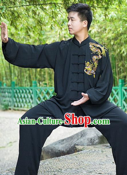 Traditional Chinese Top Linen Kung Fu Costume Martial Arts Kung Fu Training Embroidery Gragon Black Uniform, Tang Suit Gongfu Shaolin Wushu Clothing, Tai Chi Taiji Teacher Suits Uniforms for Men
