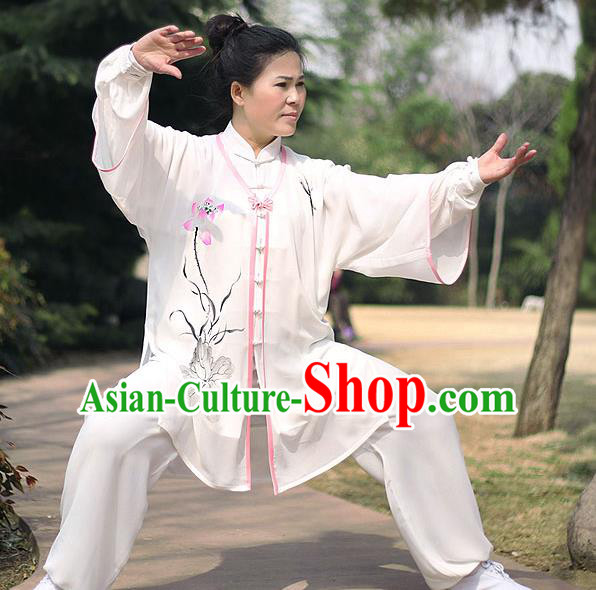 Traditional Chinese Top Chiffon Kung Fu Costume Martial Arts Kung Fu Training Printing Lotus Marble Uniform, Tang Suit Gongfu Shaolin Wushu Clothing, Tai Chi Taiji Teacher Suits Uniforms for Women