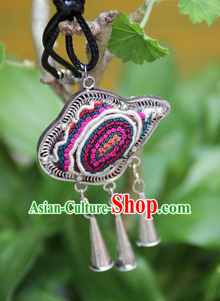 Traditional Chinese Miao Nationality Crafts Hmong Handmade Silver Embroidery Pendant, Ethnic Minority Miao Necklace Accessories Bells Pendant for Women