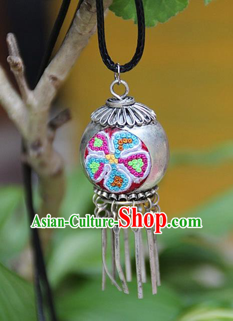 Traditional Chinese Miao Nationality Crafts, Hmong Handmade Miao Silver Embroidery Spherical Pendant, Miao Ethnic Minority Necklace Accessories Bells Pendant for Women
