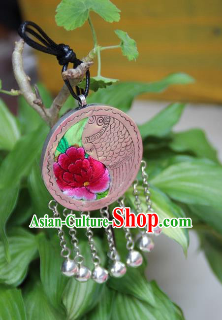 Traditional Chinese Miao Nationality Crafts, Hmong Handmade Miao Silver Embroidery Round Bells Tassel Pendant, Miao Ethnic Minority Necklace Accessories Bells Pendant for Women