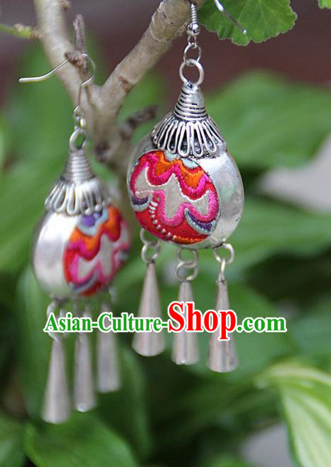 Traditional Chinese Miao Nationality Crafts, Hmong Handmade Miao Silver Embroidery Flowers Earrings, Miao Ethnic Minority Eardrop Accessories Ear Bells Pendant for Women