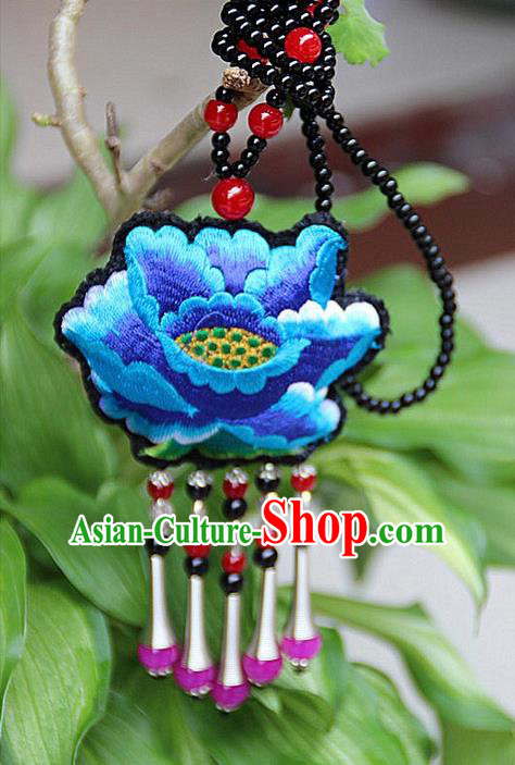 Traditional Chinese Miao Nationality Crafts, Hmong Handmade Double Side Blue Embroidery Tassel Pendant, Miao Ethnic Minority Necklace Accessories Sweater Chain Pendant for Women