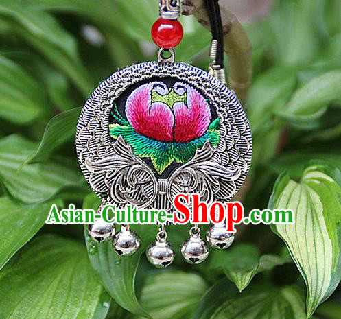 Traditional Chinese Miao Nationality Crafts, Hmong Handmade Miao Silver Embroidery Flowers Pendant, Miao Ethnic Minority Black Rope Necklace Accessories Pendant for Women