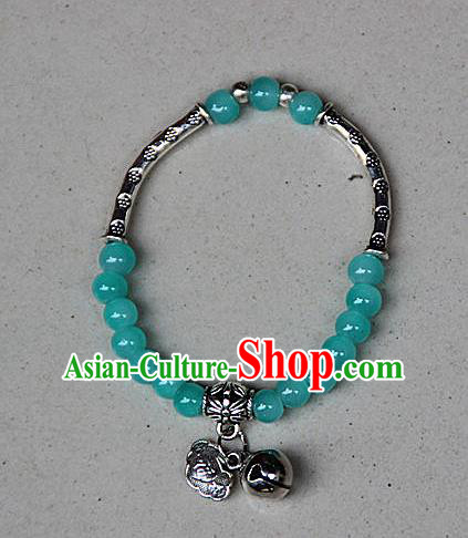 Traditional Chinese Miao Nationality Crafts Jewelry Accessory Bangle, Hmong Handmade Miao Silver Blue Beads Bracelet, Miao Ethnic Minority Bells Longevity Lock Bracelet Accessories for Women
