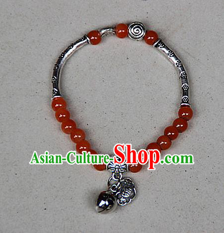 Traditional Chinese Miao Nationality Crafts Jewelry Accessory Bangle, Hmong Handmade Miao Silver Red Beads Bracelet, Miao Ethnic Minority Bells Longevity Lock Bracelet Accessories for Women
