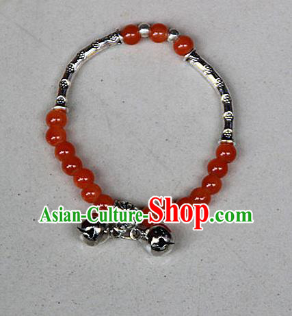 Traditional Chinese Miao Nationality Crafts Jewelry Accessory Bangle, Hmong Handmade Miao Silver Red Beads Bracelet, Miao Ethnic Minority Double Bells Bracelet Accessories for Women