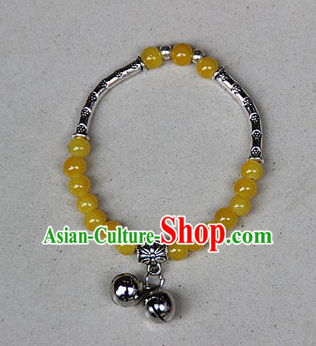 Traditional Chinese Miao Nationality Crafts Jewelry Accessory Bangle, Hmong Handmade Miao Silver Yellow Beads Bracelet, Miao Ethnic Minority Double Bells Bracelet Accessories for Women