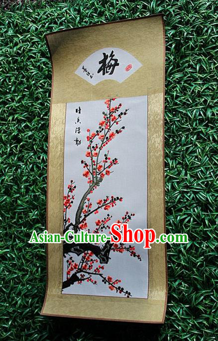 Traditional Chinese Miao Nationality Minority Crafts Hmong Xiangxi Embroidery Decorative Paintings, Embroidery Plum Blossom Scroll Painting for Friends