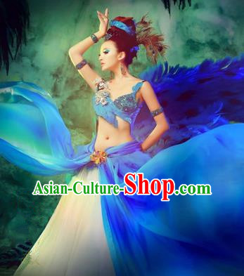 Traditional Ancient Indian Palace Sari Blue Costumes, Indian Young Lady Belly Dance Dress for Women