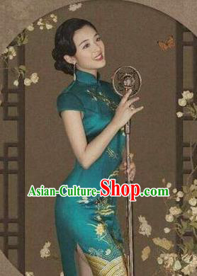 Traditional Chinese Female Costumes Chinese Classic Clothes Chinese Silk Peacock Blue Cheongsam Tang Suits Dress for Women