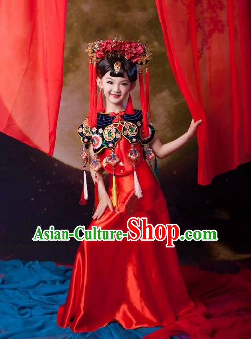 Traditional Ancient Chinese Imperial Consort Children Costume, Chinese Qing Dynasty Manchu Little Girl Dress, Cosplay Chinese Concubine Embroidered Clothing for Kids