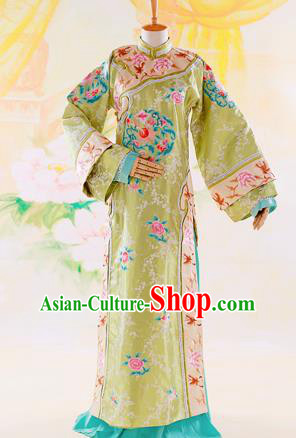 Traditional Ancient Chinese Imperial Consort Costume, Chinese Qing Dynasty Manchu Lady Dress, Cosplay Chinese Mandchous Imperial Concubine Green Embroidered Clothing for Women