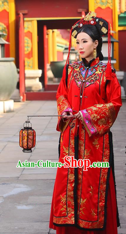 Traditional Ancient Chinese Imperial Consort Costume, Chinese Qing Dynasty Manchu Bride Wedding Red Dress, Cosplay Chinese Mandchous Imperial Concubine Embroidered Clothing for Women