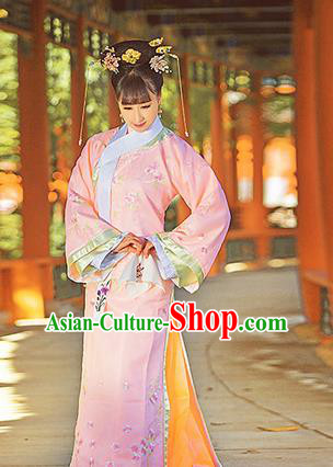 Traditional Ancient Chinese Imperial Consort Costume, Chinese Qing Dynasty Manchu Emperess Pink Dress, Cosplay Chinese Mandchous Imperial Concubine Purple Embroidered Clothing for Women