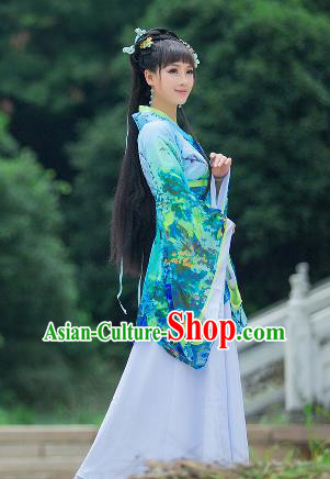 Traditional Ancient Chinese Imperial Emperess Costume, Chinese Han Dynasty Palace Lady Dress, Cosplay Chinese Princess Printing Flowers Green Hanfu Ru Skirt Clothing for Women