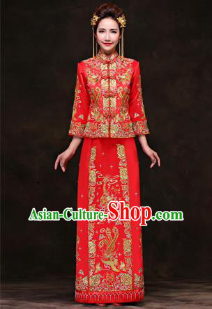 Traditional Ancient Chinese Costume Xiuhe Suits, Chinese Style Wedding Red Dress, Ancient Women Dragon And Phoenix Flown Bride Toast Cheongsam for Women