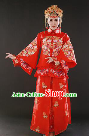 Traditional Ancient Chinese Costume Xiu he Suits, Chinese Style Wedding Red Dress, Embroidered Dragon and Phoenix Flown Bride Toast Cheongsam for Women