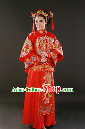 Traditional Ancient Chinese Costume Xiu he Suits, Chinese Style Wedding Red Dress, Embroidered Dragon and Phoenix Flown Bride Cheongsam for Women
