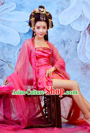 Traditional Ancient Chinese Imperial Emperess Costume, Chinese Tang Dynasty Palace Lady Rose Dress, Cosplay Chinese Imperial Concubine Clothing Sexy Hanfu for Women