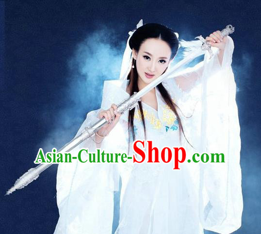 Traditional Ancient Chinese Swordswoman Costume, Chinese Han Dynasty Fairy Dress, Cosplay Game Character Chinese Peri Princess White Clothing for Women