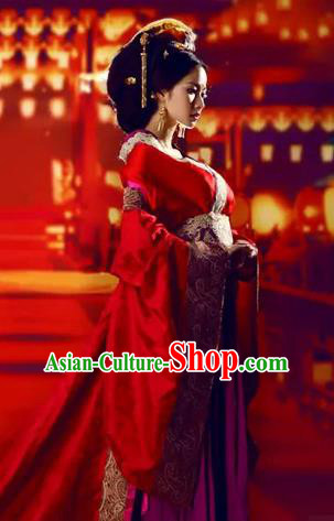 Traditional Ancient Chinese High-Grade Imperial Consort Costume, Chinese Han Dynasty Lady Red Dress, Cosplay Chinese Imperial Concubine Clothing Trailing Wedding Hanfu for Women