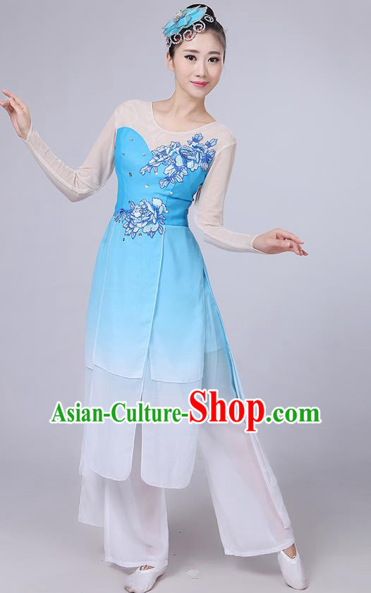 Traditional Chinese Yangge Fan Dancing Costume, Folk Dance Yangko Uniforms, Classic Umbrella Dance Elegant Dress Drum Dance Peony Blue Clothing for Women