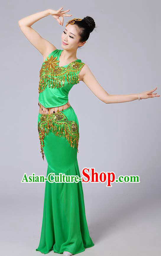 Traditional Chinese Dai Nationality Peacock Dancing Costume, Folk Dance Ethnic Paillette Tassel Fishtail Dress Princess Uniform, Chinese Minority Nationality Dancing Green Clothing for Women