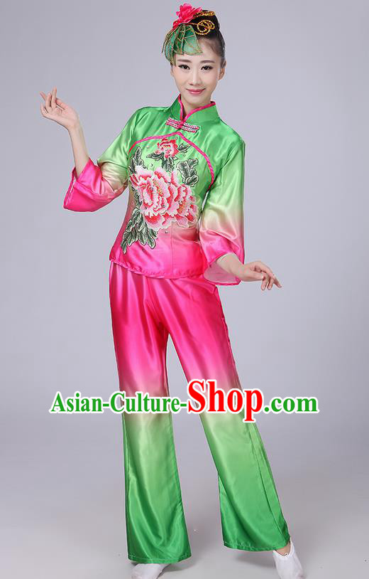 Traditional Chinese Yangge Fan Dancing Costume, Folk Dance Yangko Mandarin Collar Peony Painting Satin Blouse and Pants Uniforms, Classic Dance Elegant Dress Drum Dance Clothing for Women