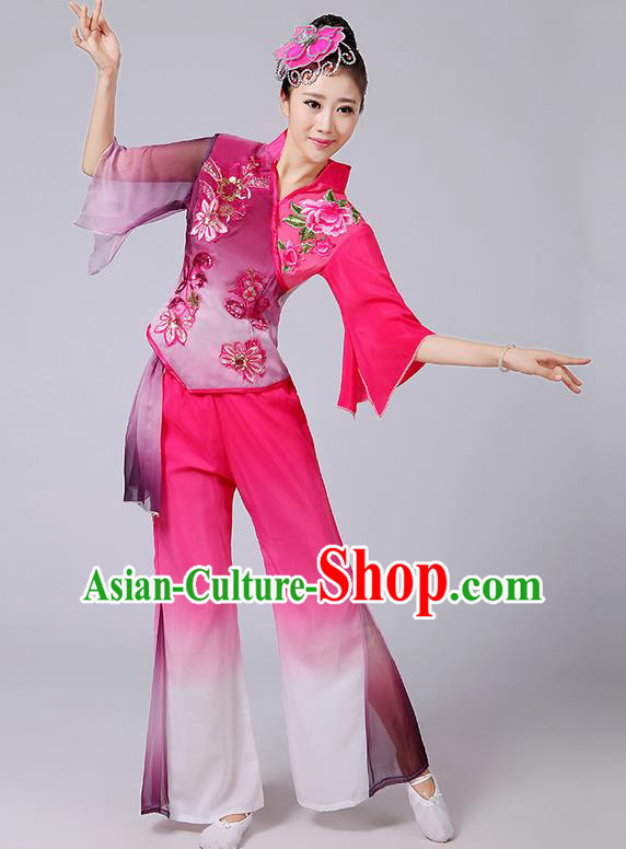 Traditional Chinese Yangge Fan Dancing Costume, Folk Dance Yangko Mandarin Sleeve Paillette Blouse and Pants Uniforms, Classic Dance Elegant Dress Drum Dance Pink Clothing for Women