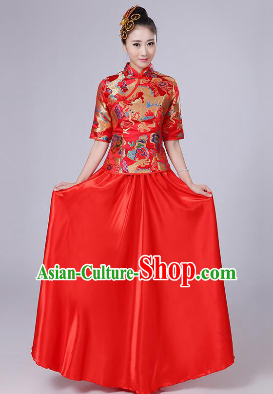 Traditional Chinese Style Modern Dancing Compere Costume, Women Opening Classic Chorus Singing Group Dance Embroidered Dragon Uniforms, Modern Dance Classic Dance Red Cheongsam Dress for Women