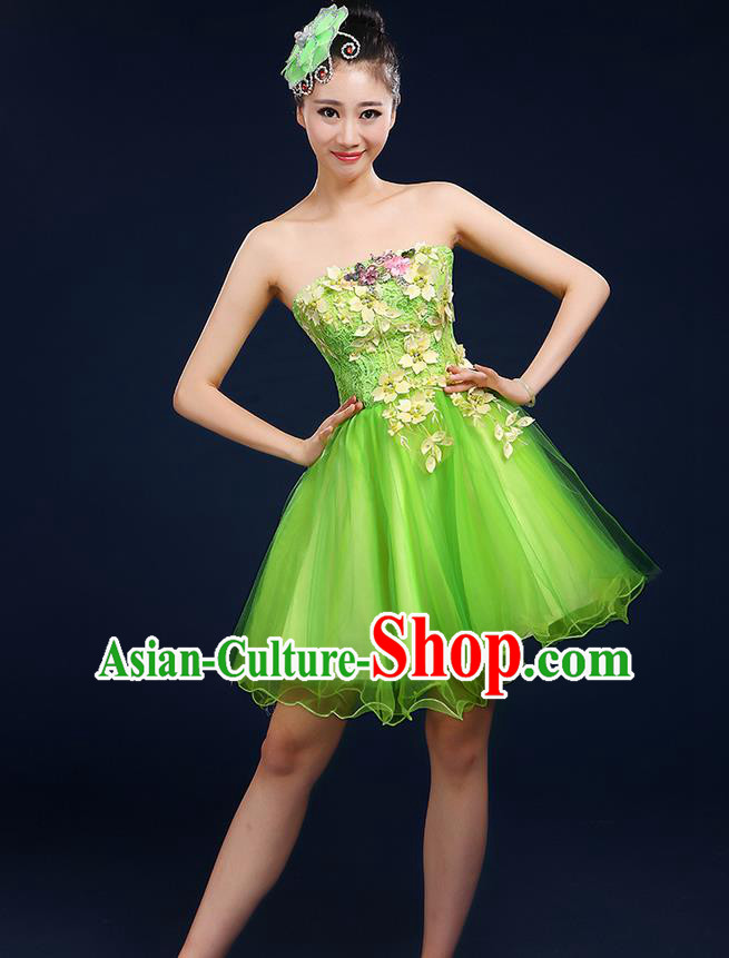 Traditional Chinese Modern Dancing Compere Costume, Women Opening Classic Dance Chorus Singing Group Embroidered Plum Blossom Bubble Uniforms, Modern Dance Classic Dance Big Swing Green Short Dress for Women