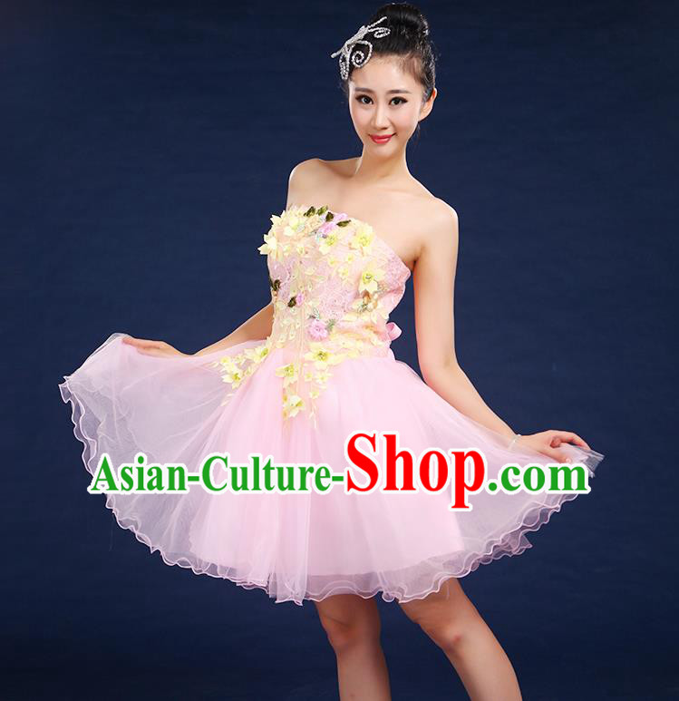 Traditional Chinese Modern Dancing Compere Costume, Women Opening Classic Dance Chorus Singing Group Embroidered Plum Blossom Bubble Uniforms, Modern Dance Classic Dance Big Swing Pink Short Dress for Women