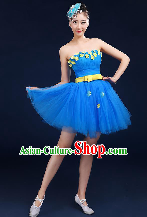 Traditional Chinese Modern Dancing Compere Costume, Women Opening Classic Dance Chorus Singing Group Bubble Tee Dress Uniforms, Modern Dance Classic Dance Big Swing Blue Short Dress for Women