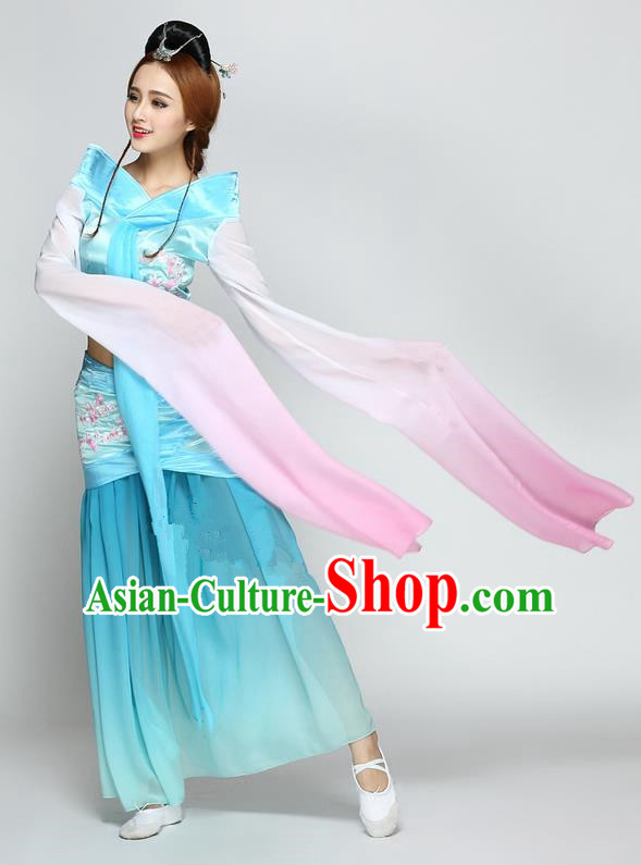 Traditional Chinese Ancient Yangge Fan Dancing Costume, Folk Dance Long Water Sleeve Uniforms, Classic Flying Dance Elegant Fairy Dress Drum Palace Lady Dance Blue Clothing for Women