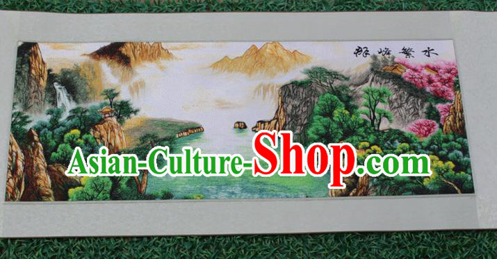 Traditional Chinese Miao Nationality Minority Crafts Hmong Xiangxi Embroidery Decorative Paintings, Embroidery Mountains-and-Waters Scroll Painting for Friends