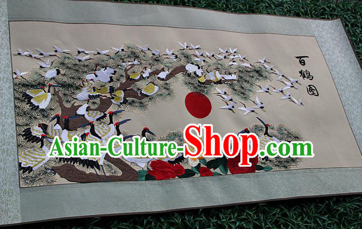 Traditional Chinese Miao Nationality Minority Crafts Hmong Xiangxi Embroidery Decorative Paintings, Embroidery Crane Figure Scroll Painting for Friends