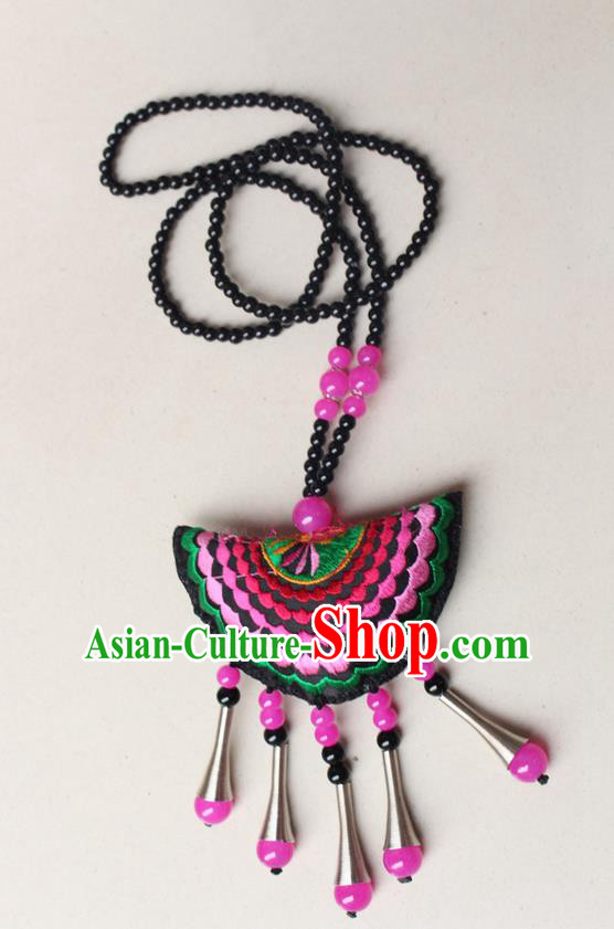 Traditional Chinese Miao Nationality Crafts Jewelry Accessory, Hmong Handmade Pink Beads Tassel Double Side Embroidery Fan Pendant, Miao Ethnic Minority Necklace Accessories Sweater Chain Pendant for Women