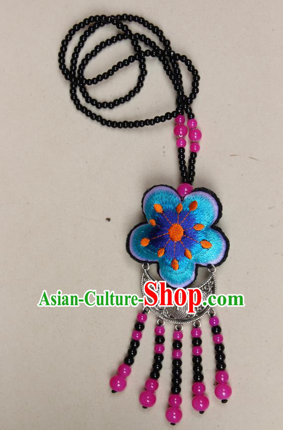 Traditional Chinese Miao Nationality Crafts Jewelry Accessory, Hmong Handmade Black Beads Tassel Double Side Embroidery Flowers Pendant, Miao Ethnic Minority Necklace Accessories Sweater Chain Pendant for Women