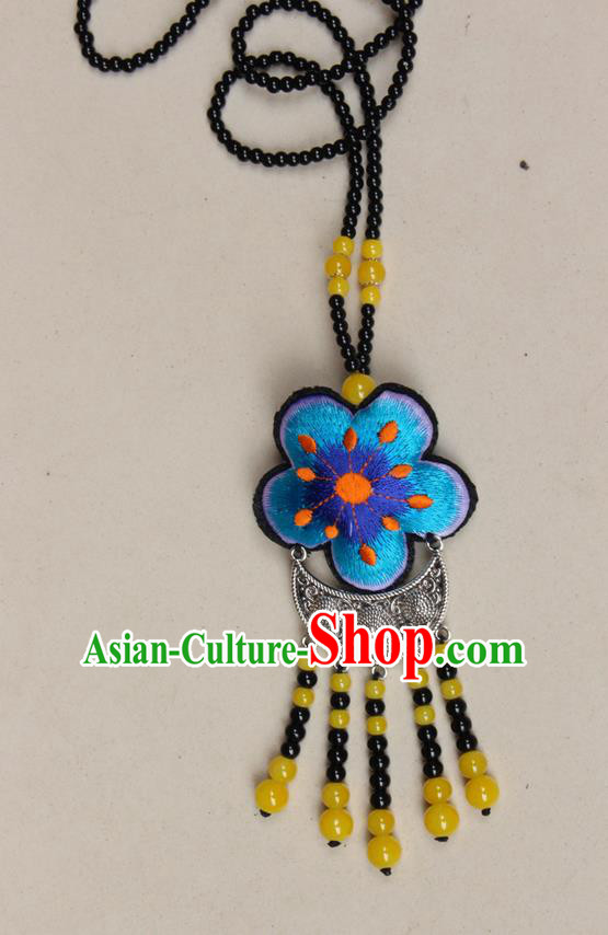 Traditional Chinese Miao Nationality Crafts Jewelry Accessory, Hmong Handmade Black Beads Miao Silver Tassel Double Side Embroidery Flowers Pendant, Miao Ethnic Minority Necklace Accessories Sweater Chain Pendant for Women