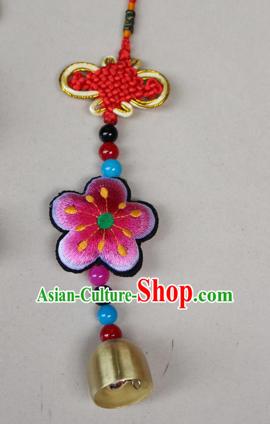 Traditional Chinese Miao Nationality Crafts Jewelry Accessory, Hmong Handmade Copper Bell Tassel Chinese Knot Embroidery Pink Flowers Pendant, Miao Ethnic Minority Haven Evil Bell Car Accessories Pendant