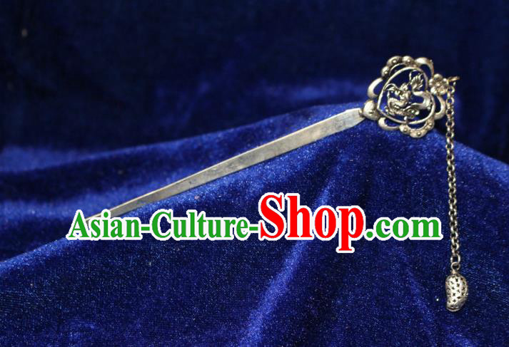 Traditional Chinese Miao Nationality Crafts Jewelry Accessory Classical Hair Accessories, Hmong Handmade Miao Silver Dragon Palace Lady Tassel Hair Sticks Hair Claw, Miao Ethnic Minority Hair Fascinators Hairpins for Women