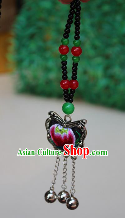 Traditional Chinese Miao Nationality Crafts Jewelry Accessory, Hmong Handmade Miao Silver Beads Tassel Embroidery Flowers Pendant, Miao Ethnic Minority Bells Necklace Accessories Sweater Chain Pendant for Women