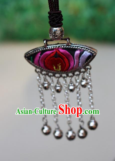 Traditional Chinese Miao Nationality Crafts Jewelry Accessory, Hmong Handmade Miao Silver Bells Tassel Embroidery Flowers Pendant, Miao Ethnic Minority Bells Necklace Accessories Sweater Chain Pendant for Women