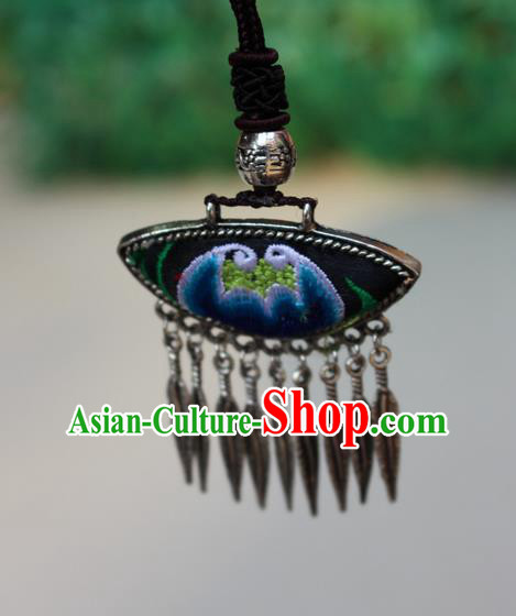 Traditional Chinese Miao Nationality Crafts Jewelry Accessory, Hmong Handmade Miao Silver Tassel Embroidery Flowers Pendant, Miao Ethnic Minority Bells Necklace Accessories Sweater Chain Pendant for Women