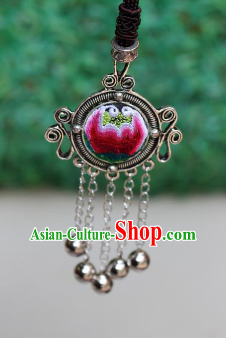 Traditional Chinese Miao Nationality Crafts Jewelry Accessory, Hmong Handmade Miao Silver Bells Tassel Embroidery Flowers Round Pendant, Miao Ethnic Minority Bells Necklace Accessories Sweater Chain Pendant for Women
